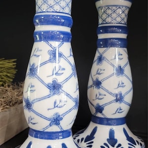 Centrum Ceramics Pair of Vintage Blue and White Candlestick Holders in Beautiful Trellis Floral Pattern