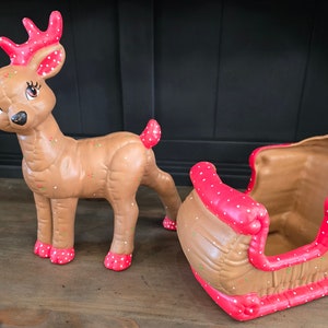 Vintage Handpainted Ceramic Kimple Quilted Christmas Reindeer & Sleigh Set
