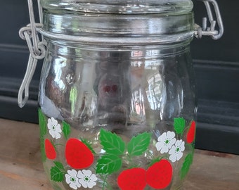 Adorable Hermetic Carolton Glass Jar Canister with Strawberries graphic with Hinged Lid