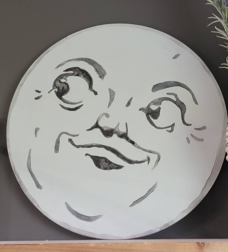 Round Wooden Gray Handpainted Man in the Moon Face Great for - Etsy