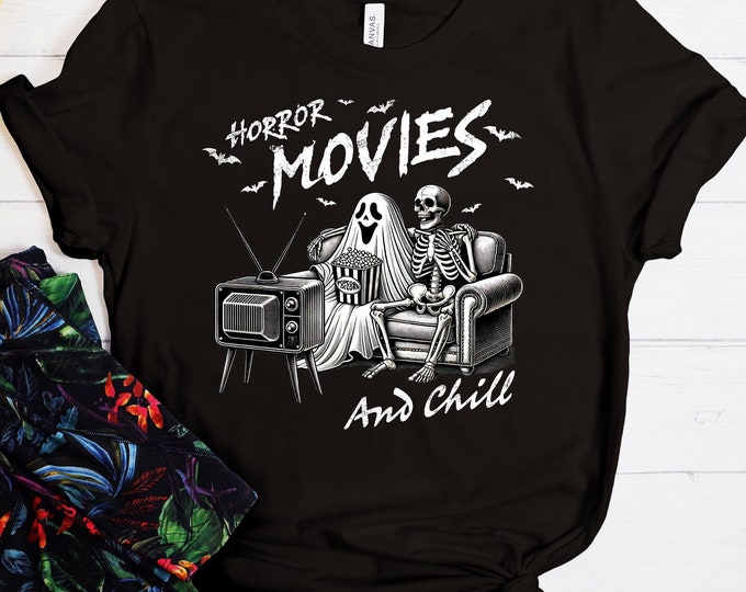Horror Movies And Chill Skeleton Sweatshirt, Halloween Party Shirt, Horror Movie Character Shirt, Cute Halloween Shirt, Halloween Party Tee
