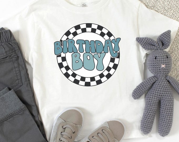 Custom Birthday Boy Shirt, Custom Birthday Gift For Boys, Birthday Kids Outfits, Checkered Birthday Boy Shirt, Racing Design T-shirt