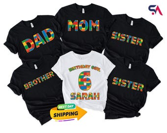 Custom Building Block Family Birthday Shirt, Personalized Family Birthday Buiding T-Shirt, Building Block Themed Birthday Boy Girl T-Shirts