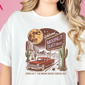 Vintage Road Trip Shirt, Retro Full Moon Desert Hoodie, Moonlit Motel Graphic Sweatshirt, Retro Car and Cactus Design, Americana Style Tee