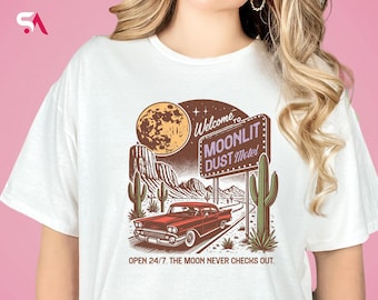 Vintage Road Trip Shirt, Retro Full Moon Desert Hoodie, Moonlit Motel Graphic Sweatshirt, Retro Car and Cactus Design, Americana Style Tee
