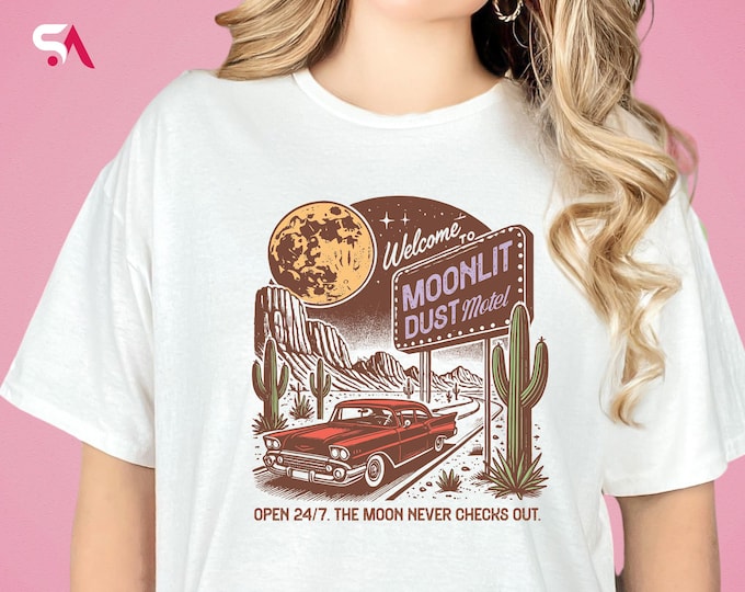 Vintage Road Trip Shirt, Retro Full Moon Desert Hoodie, Moonlit Motel Graphic Sweatshirt, Retro Car and Cactus Design, Americana Style Tee