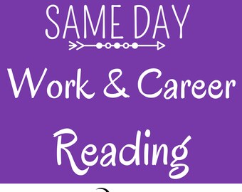 May include: A purple background with white text that reads "SAME DAY Work & Career Reading." An arrow and dots separate the words "SAME DAY" and "Work & Career." The Raven Island Consulting logo is at the bottom.