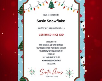 Certified Nice Certificate from Santa Template printable ; customizable