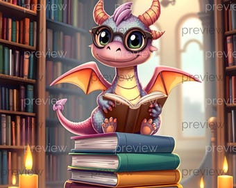 Childlike Dragons Reading in Library Bundle Digital Art: Kids Decor Printable (PNGs)