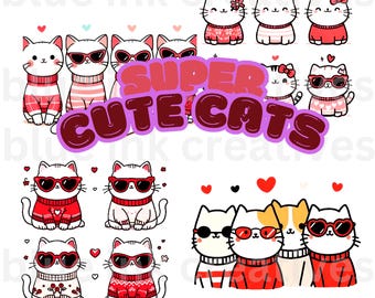 Valentine Cats Clip Art Set – Sweater & Sunglasses Designs (Digital Download