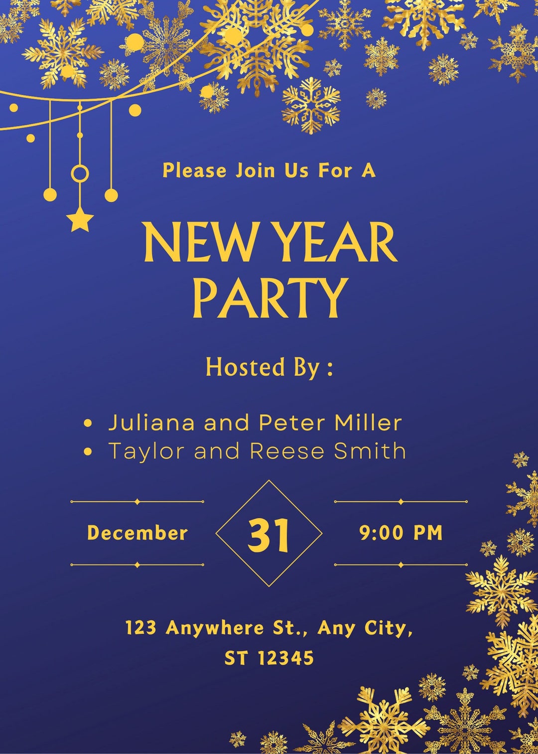 Blue & Gold Snowflake Digital Invitation New Year's Eve Party Digital ...