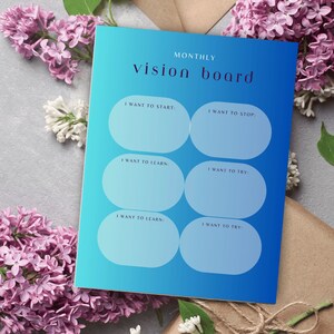 May include: A blue and white printable vision board with the text "MONTHLY vision board" at the top. The board is divided into six sections with the following headings: "I want to start", "I want to stop", "I want to learn", "I want to try", "I want to learn", and "I want to try".