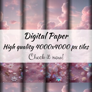 Dromerig roze wolklandschap delicate bloemen naadloos digitaal papieren patroon BUNDEL vier bestanden Cadeaupapier digitaal papier Instant Download PNG's
