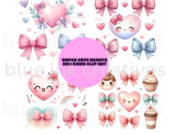 Kawaii Bows & Hearts Clip Art - Coquette Stickers (Digital Download)