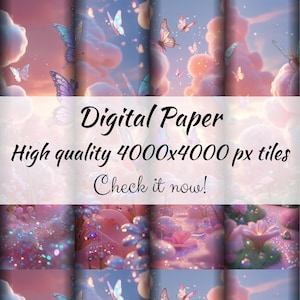 Modèle sans couture enchanteur de paysage de rêve avec des nuages fantaisistes et des papillons pour papier numérique et emballage cadeau