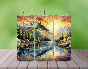Stained Glass Mountain Lake Sunset 20 oz Tumbler Design (Digital Download)