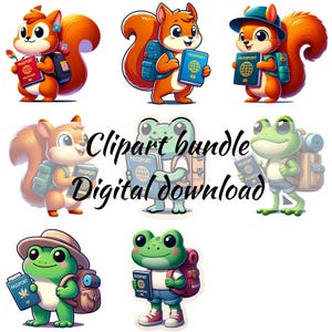 Personajes de dibujos animados caprichosos: ardillas y ranas con pasaportes. Paquete de imágenes prediseñadas divertidas. Ocho archivos. Descarga instantánea y diseño de sublimación.