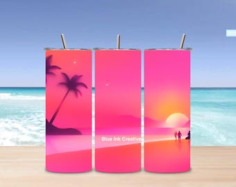 Neon Pink Sunset Beach Tumbler Wrap: 20 oz Skinny Sublimation (Digital Download)