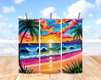 Tropical Beach Sunset 20 oz Tumbler Sublimation Design (Digital Download)