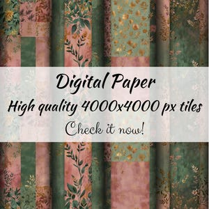 Il ROSA botanico si sposa bene con il VERDE Patchwork Design Seamless Pattern per carta da regalo digitale stampabile Junk Journal ispirato alla natura