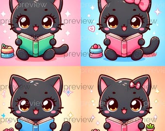 Kawaii Black Kitten Reading Books Illustration (Digital Download)