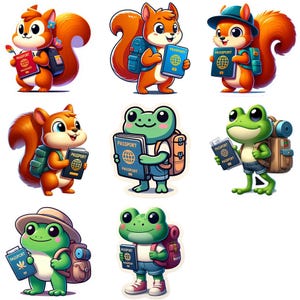 Personajes de dibujos animados caprichosos: ardillas y ranas con pasaportes. Paquete de imágenes prediseñadas divertidas. Ocho archivos. Descarga instantánea y diseño de sublimación.