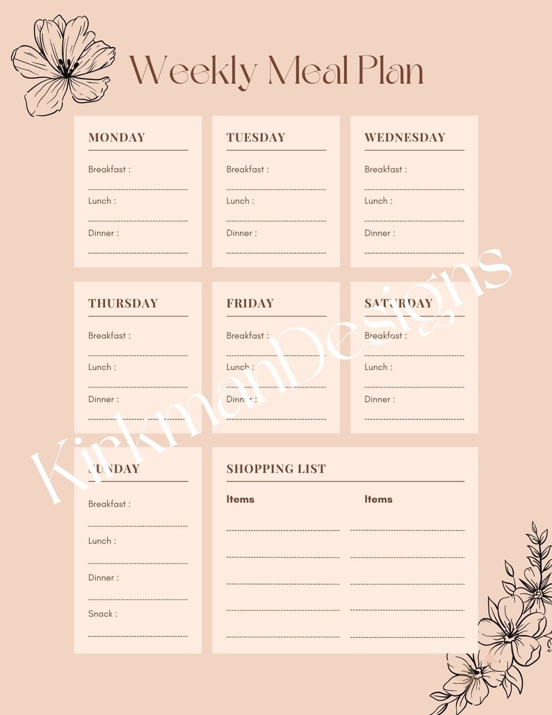 Weekly Meal Planner Floral Meal Planner Pink Paper Floral Design