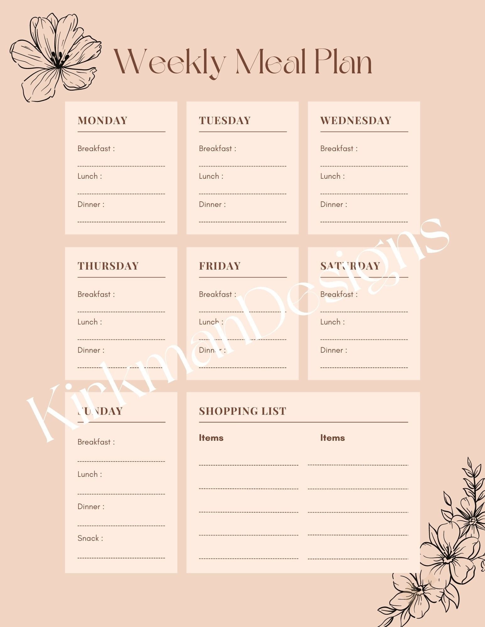 Weekly Meal Planner Floral Meal Planner Pink Paper Floral Design ...