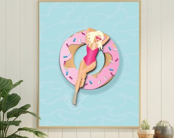 Mujer rubia en un donut flotador Arte de pared imprimible, Descarga digital, Ilustración