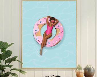 Mujer afroamericana en un flotador de donas Arte de pared imprimible, Descarga digital, Ilustración