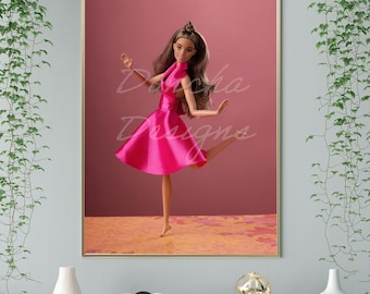 Muñeca con vestido rosa, baile, arte de pared imprimible, Barbiecore, descarga de impresión de arte, arte de casa de muñecas