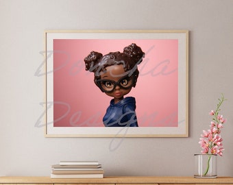 Muñeca afroamericana con gafas sobre fondo rosa Arte de pared imprimible, Barbiecore, Descarga de impresión de arte