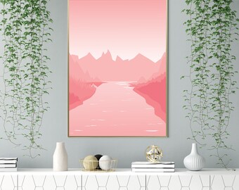 Pink Mountain River Printable Wall Art, Barbiecore, Boho, Art Print Download, Naturaleza