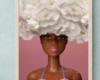 Muñeca afroamericana con arte de pared imprimible de corona de flores, Barbiecore, impresión de arte, floral