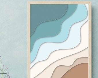 Arte de pared imprimible de ondas abstractas azules, Boho, Descarga digital de impresión de arte, Naturaleza