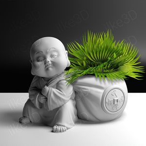 Könnte beinhalten: Weiße Keramikfigur eines lächelnden Buddha, der mit gekreuzten Beinen sitzt und eine kleine grüne Pflanze in einem weißen Topf in Form eines Geldbeutels mit chinesischem Münzendesign hält.