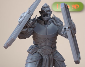 Elite Mercenary Knight Orc Figurine, 3D Print Miniature, DnD, D&D, Armoured Warrior Defender with 2 Shields