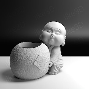 Pode incluir: Figurine de cerâmica branca de um Buda rechonchudo sorridente segurando um pote de cerâmica branca com superfície texturizada. O pote tem um caractere chinês.