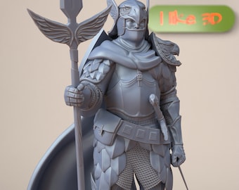 Elite Mercenary Knight Figurine, 3D Print Miniature, DnD, D&D, Armoured Warrior with Spear and Eagle Helmet