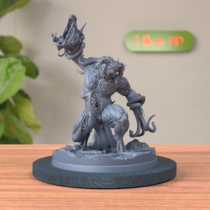 May include: A gray, detailed, 3D printed miniature of a monstrous creature with a dragon head and tentacles. The creature is standing on a round base.