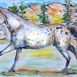 Watercolor Original Art 8 x 10&quot; Hand painted Appaloosa Running signed by artist Lisa Lynn