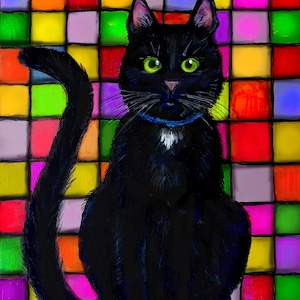 May include: A black cat with bright green eyes and a blue collar sits against a colorful, square-patterned background. The cat has a small white patch on its chest and a pink nose. The artwork is a vibrant and eye-catching depiction of a feline.