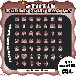 May include: A set of 95+ bubble jello emotes for Twitch and Discord. The emotes include letters, numbers, symbols, and arrows. The emotes are in a pink and white color scheme and have a glossy finish. The text "STATIC Bubble Jello Emotes" is at the top of the image. The text "INSTANT DOWNLOAD" is on the left side of the image. The text "95+ EMOTES" is in the lower right corner of the image. The text "112 56 28" is at the bottom of the image.