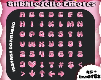 May include: A set of pink bubble jello emotes for Twitch and Discord. The emotes include letters, numbers, and symbols. The text on the image reads "STATIC Bubble Jello Emotes", "INSTANT DOWNLOAD", "45+ EMOTES", "112 ♡ 56 ♡ 28", and "Kimbe."