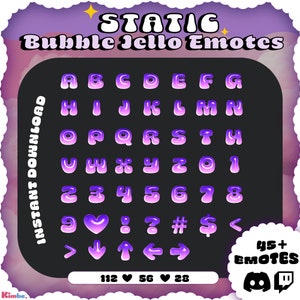 May include: A set of 45 purple and white bubble jello emotes for Twitch and Discord. The emotes include letters, numbers, symbols, and arrows. The text "STATIC Bubble Jello Emotes" is at the top of the image. The text "INSTANT DOWNLOAD" is on the left side of the image. The text "45+ EMOTES" is in the lower right corner of the image. The text "112 ♥ 56 ♥ 28" is in the lower centre of the image.