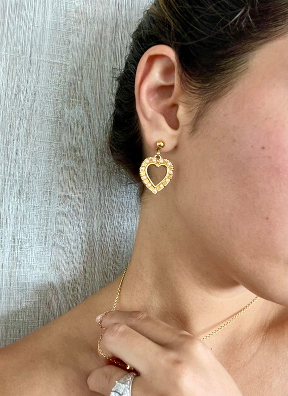 Vintage Heart Of Gold Pearl Dangle Earrings