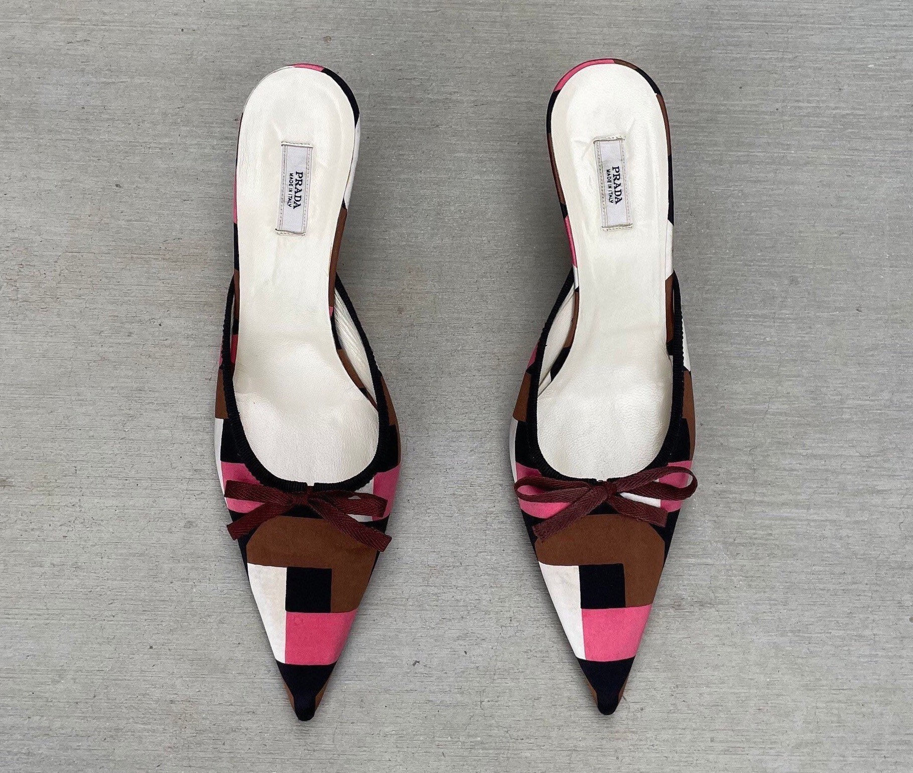 Vintage Prada Geometric Pink Brown Black Satin Pointed Toe Kitten