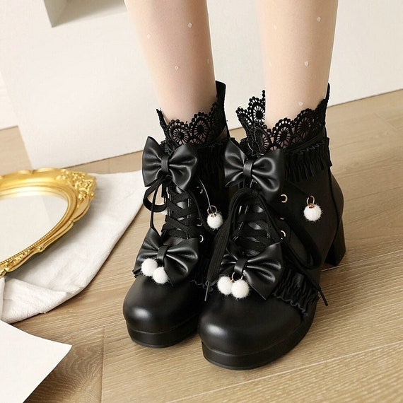 Chunky Heel Lolita Shoes Butterfly-knot Hollow Lace Women - Etsy