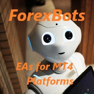 May include: A white robot with large eyes and a friendly expression holds a tablet computer. The robot is standing in a doorway with a brick wall behind it. The text "ForexBots" is displayed in orange above the robot, and the text "EAs for MT4 Platforms" is displayed below the robot.