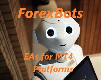 Pode incluir: Um robô branco com olhos grandes e uma expressão amigável segura um tablet. O robô está em pé em uma porta com uma parede de tijolos atrás dele. O texto "ForexBots" é exibido em laranja acima do robô, e o texto "EAs for MT4 Platforms" é exibido abaixo do robô.